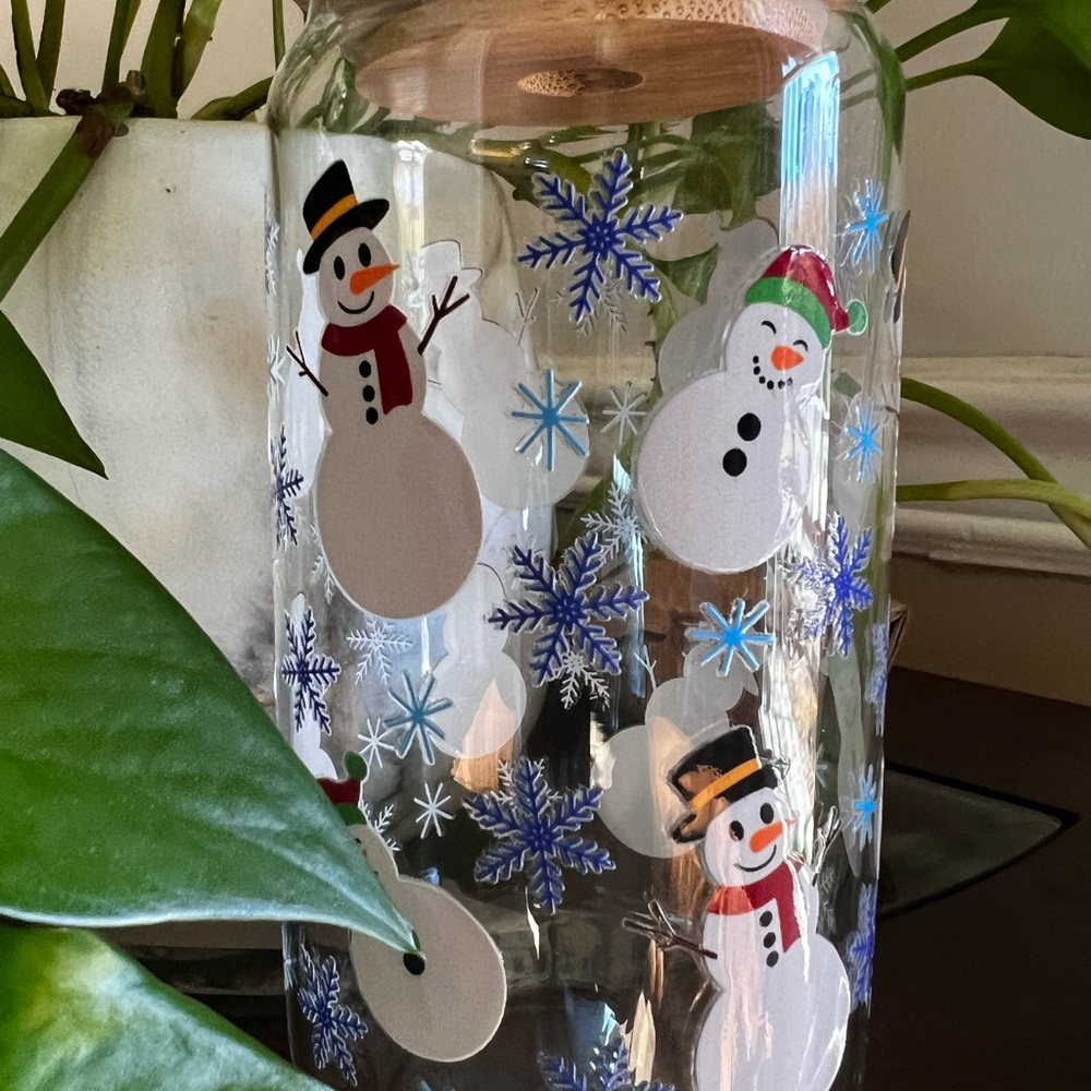 Snowman Holiday Glass Jar with Blue and White Snowflakes